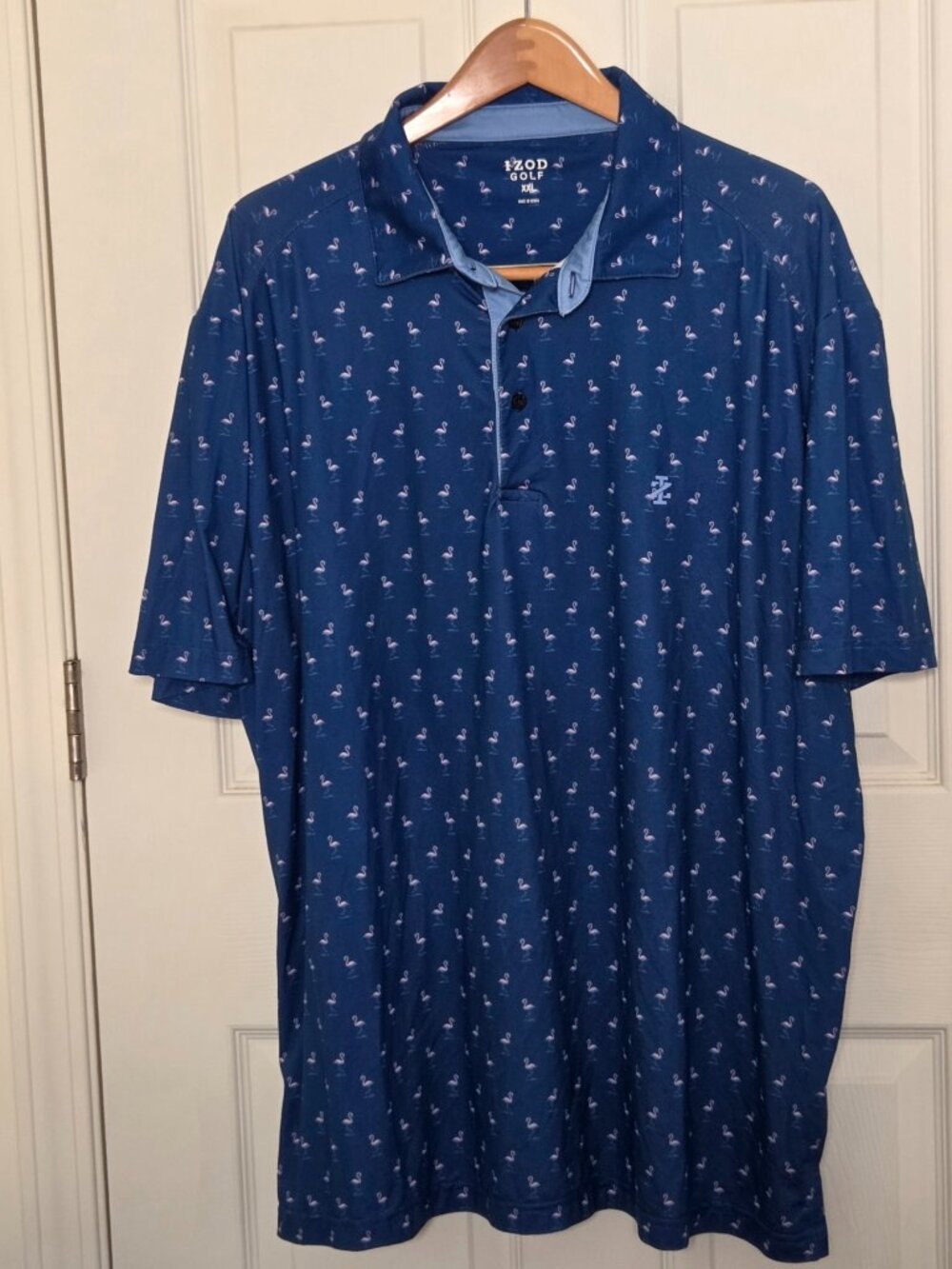 IZOD Golf Performance Polo Shirt Mens XXL Blue Flamingo Print Short Sleeve